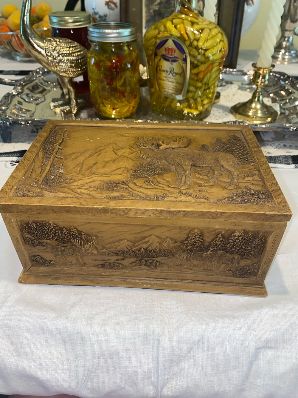 Moose Relief Carved Faux Wood Resin Jewelry Box Vtg Tray Cabin Decor Brown